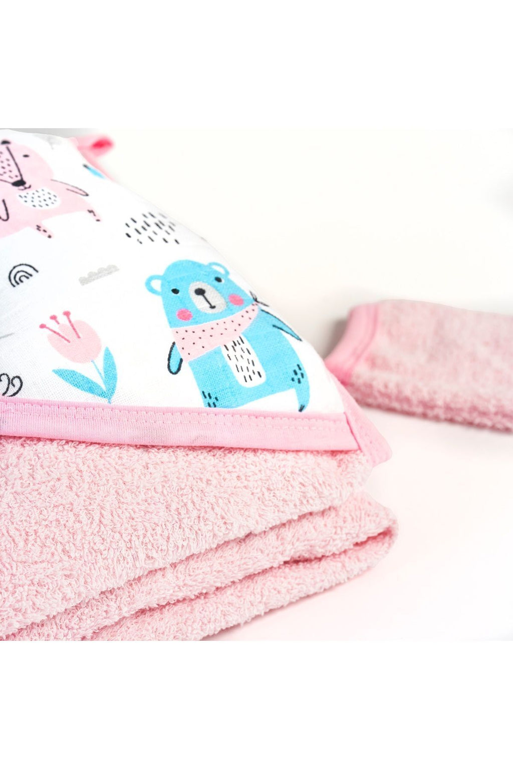 Müslin Başlıklı Bebek Havlusu 2 Adet Kız %65 Pamuk Pembe 75x80cm 2 Banyo Eldiveni Hediyeli