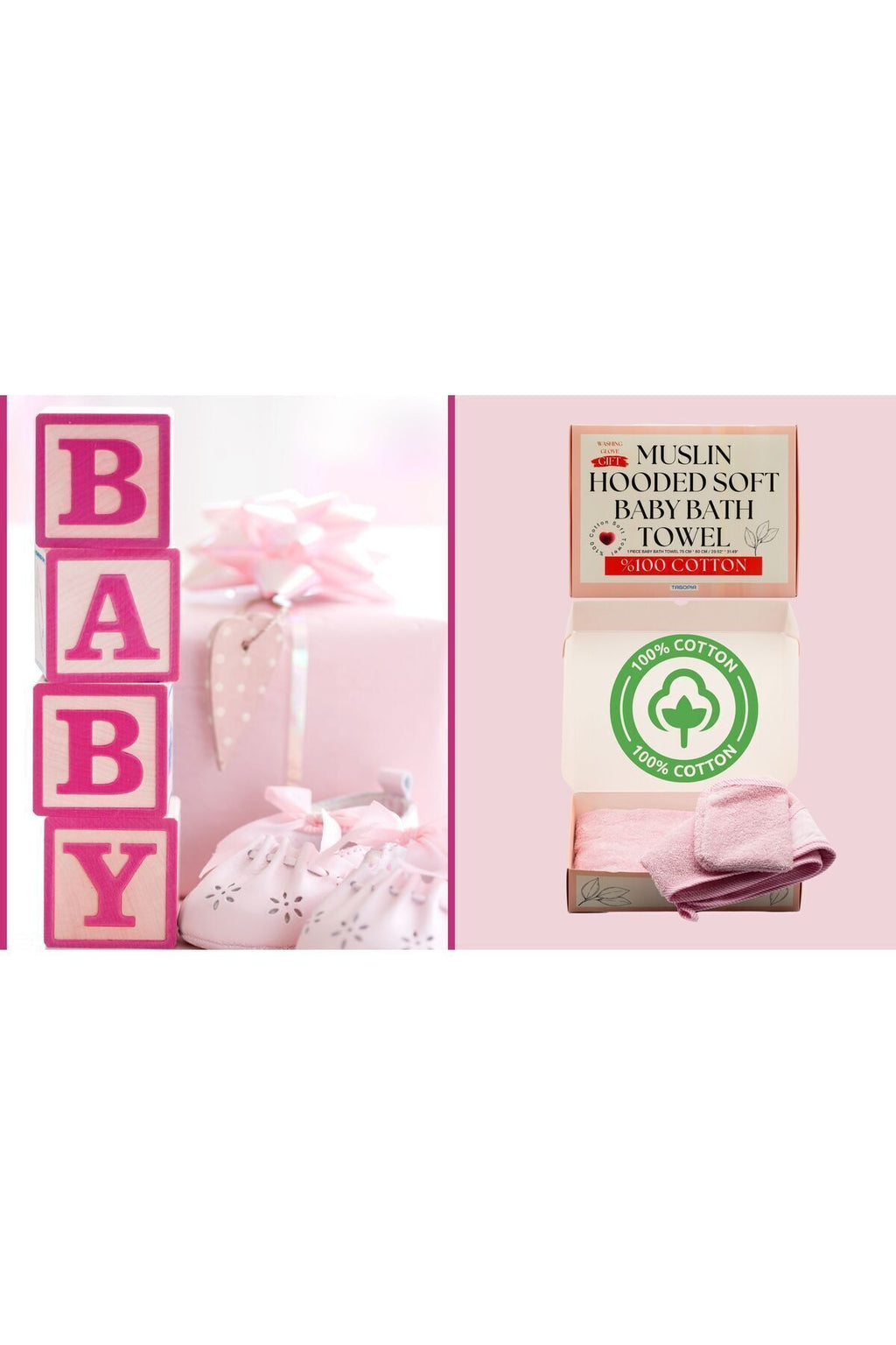 Müslin Başlıklı Bebek Havlusu Kız %100 Pamuk Pembe 75x80cm Banyo Eldiveni Hediyeli