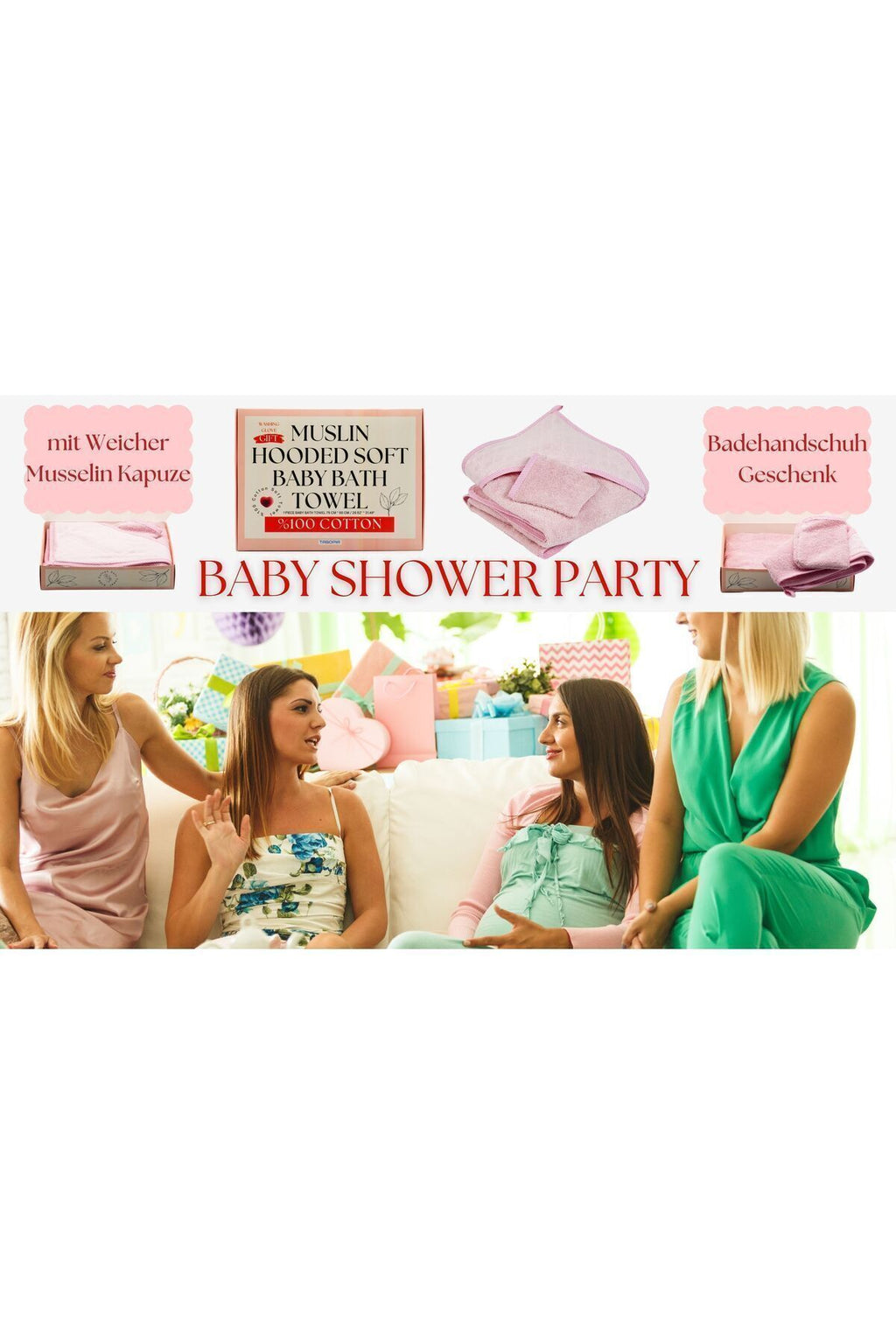 Müslin Başlıklı Bebek Havlusu Kız %100 Pamuk Pembe 75x80cm Banyo Eldiveni Hediyeli