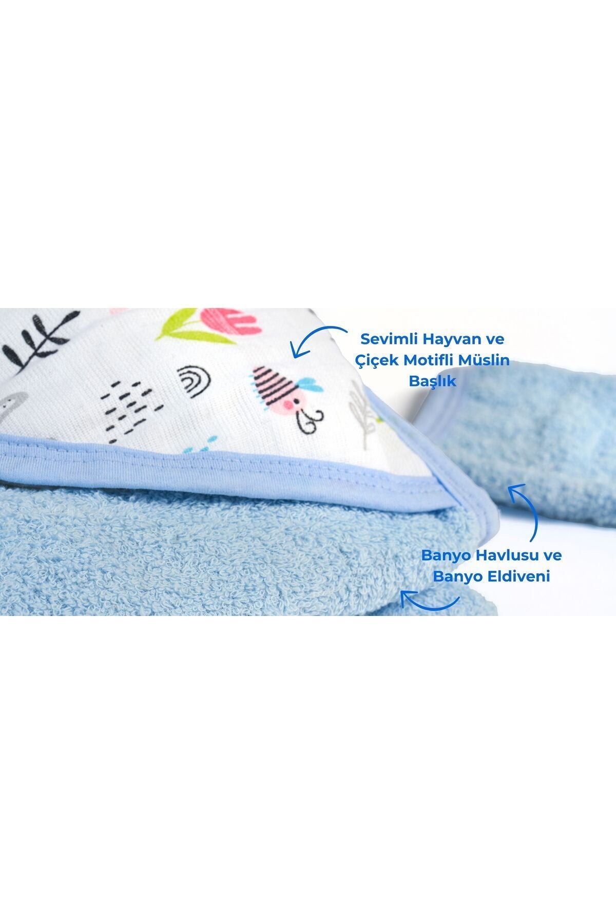 Müslin Başlıklı Bebek Havlusu 2 Adet Erkek %65 Pamuk Mavi 75x80cm 2 Banyo Eldiveni Hediyeli