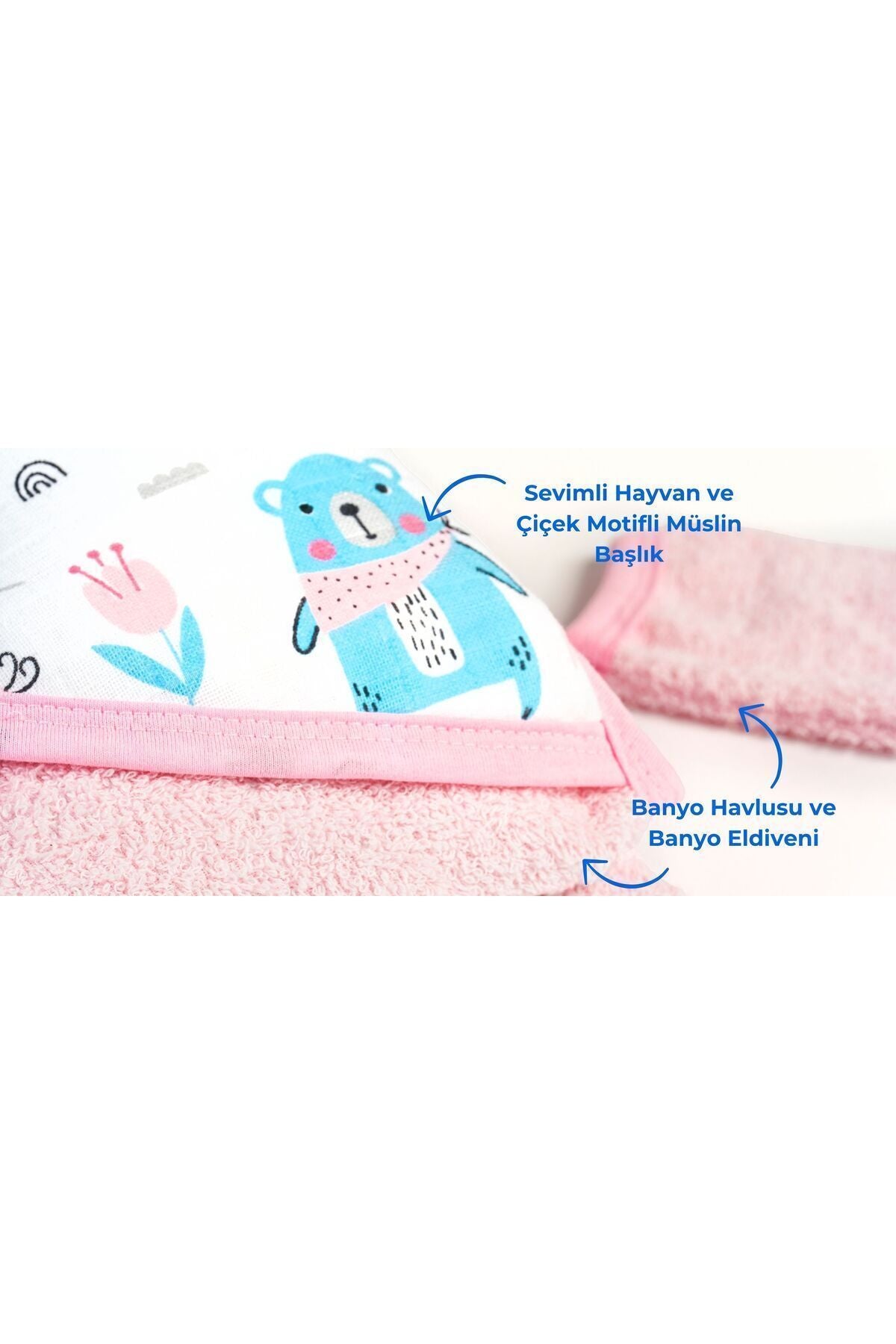 Müslin Başlıklı Bebek Havlusu 2 Adet Kız %65 Pamuk Pembe 75x80cm 2 Banyo Eldiveni Hediyeli
