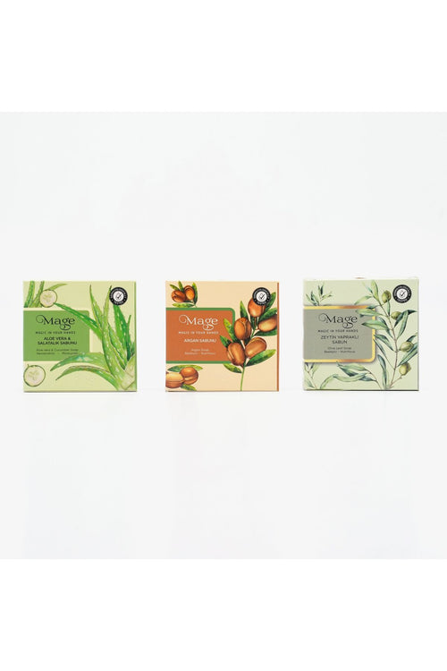 3' lü DOĞAL GÜZELLİK SABUN SETİ "Aloevera Salatalık - Argan - Zeytin Yaprağı "