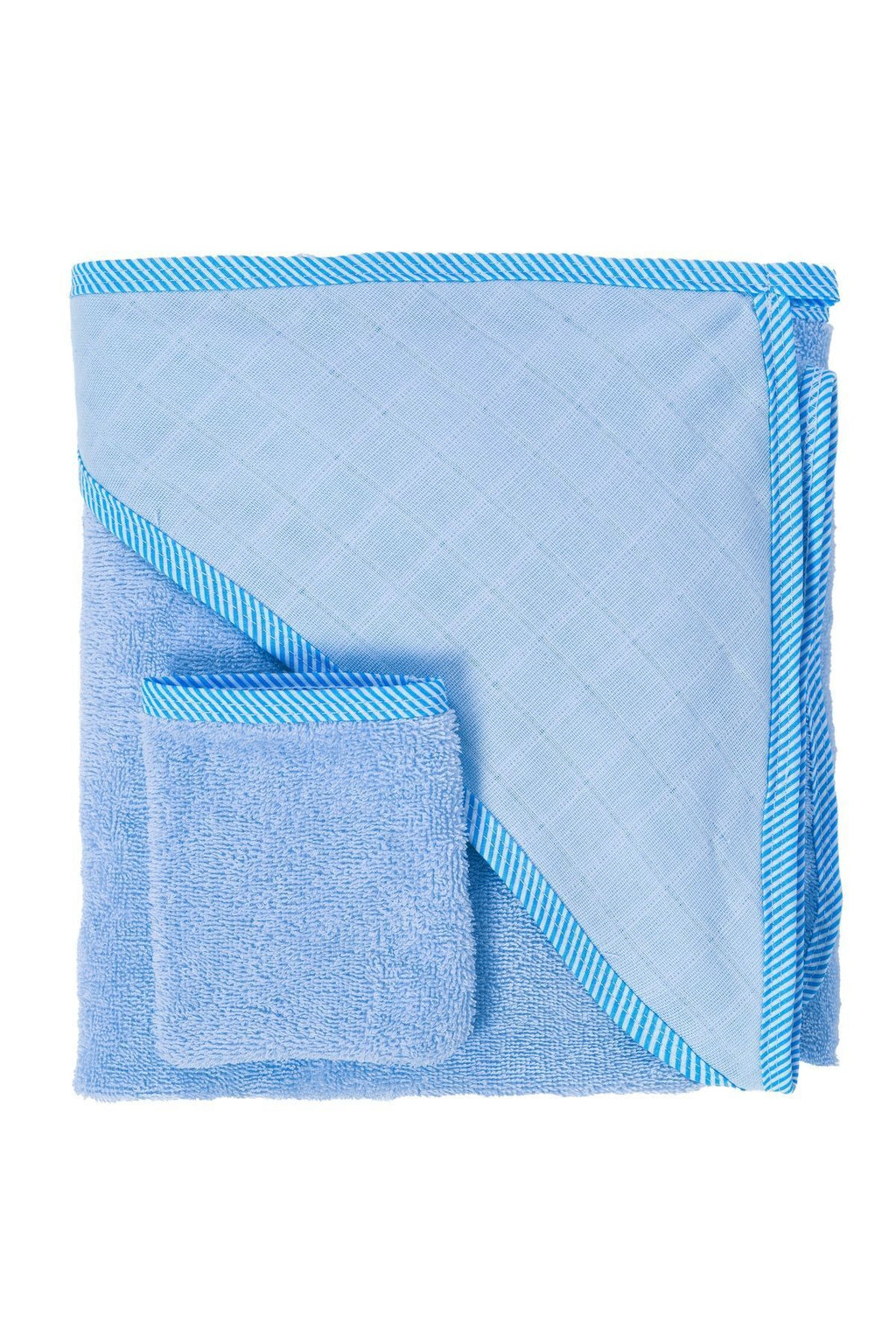 Müslin Başlıklı Bebek Havlusu Erkek %100 Pamuk Mavi 75x80cm Banyo Eldiveni Hediyeli