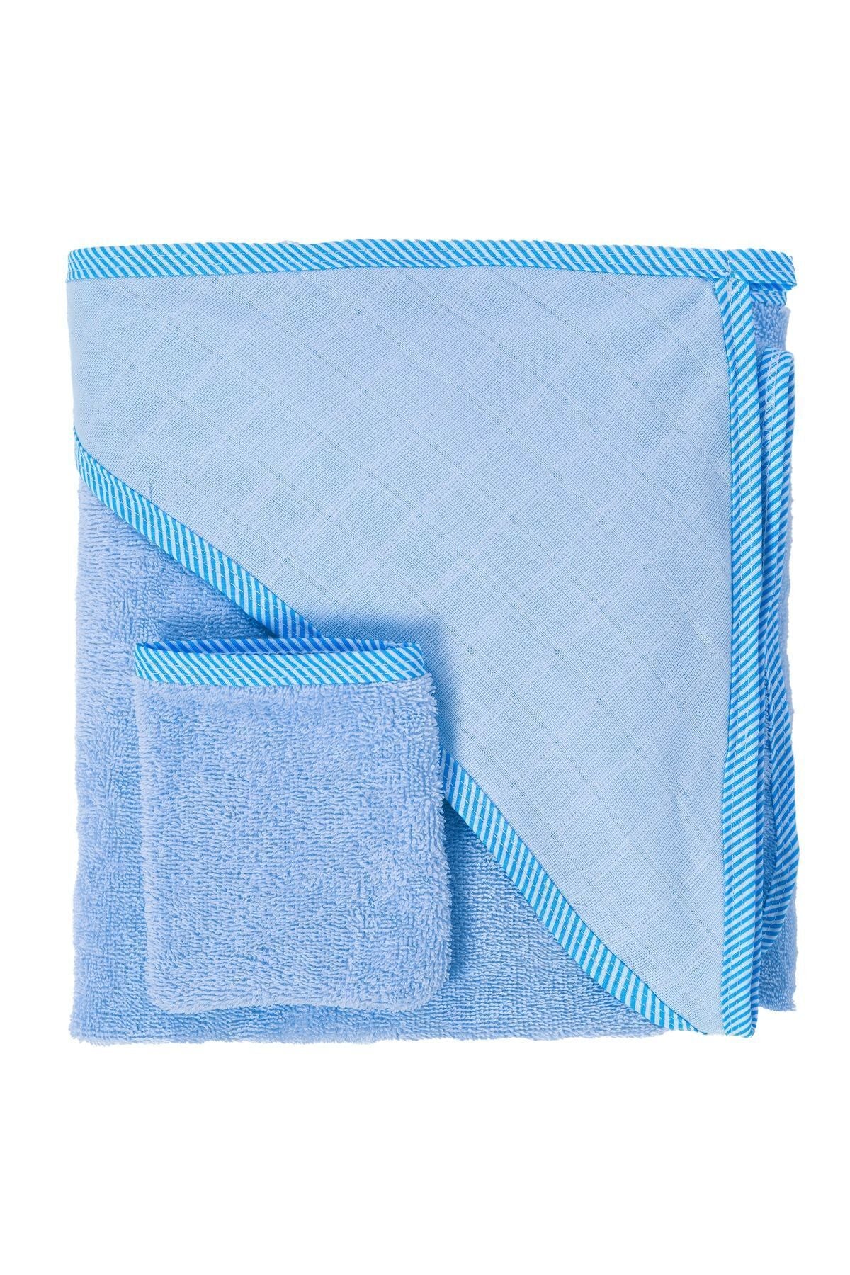 Müslin Başlıklı Bebek Havlusu Erkek %100 Pamuk Mavi 75x80cm Banyo Eldiveni Hediyeli