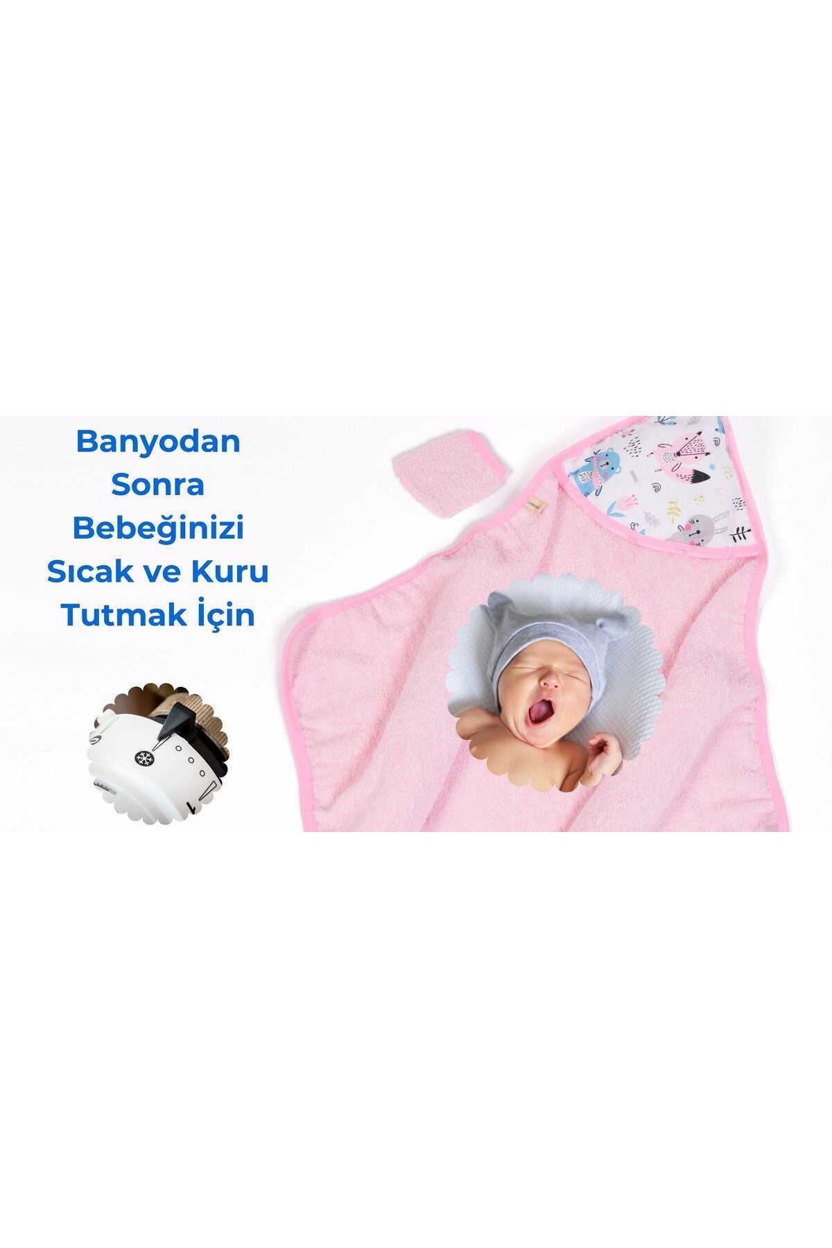 Müslin Başlıklı Bebek Havlusu 2 Adet Kız %65 Pamuk Pembe 75x80cm 2 Banyo Eldiveni Hediyeli