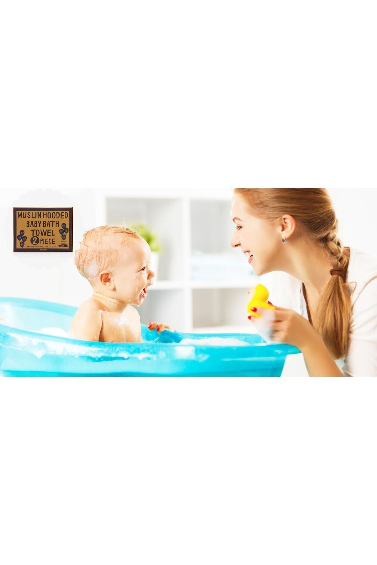 Müslin Başlıklı Bebek Havlusu 2 Adet Erkek %65 Pamuk Mavi 75x80cm 2 Banyo Eldiveni Hediyeli