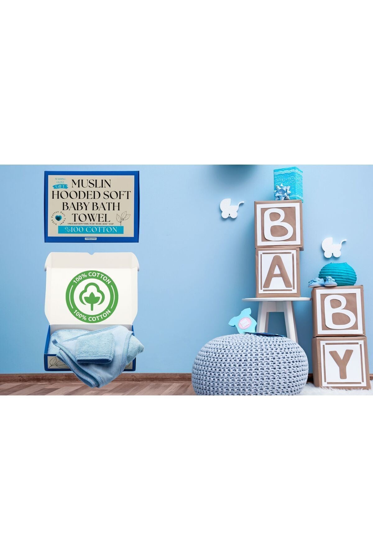 Müslin Başlıklı Bebek Havlusu Erkek %100 Pamuk Mavi 75x80cm Banyo Eldiveni Hediyeli
