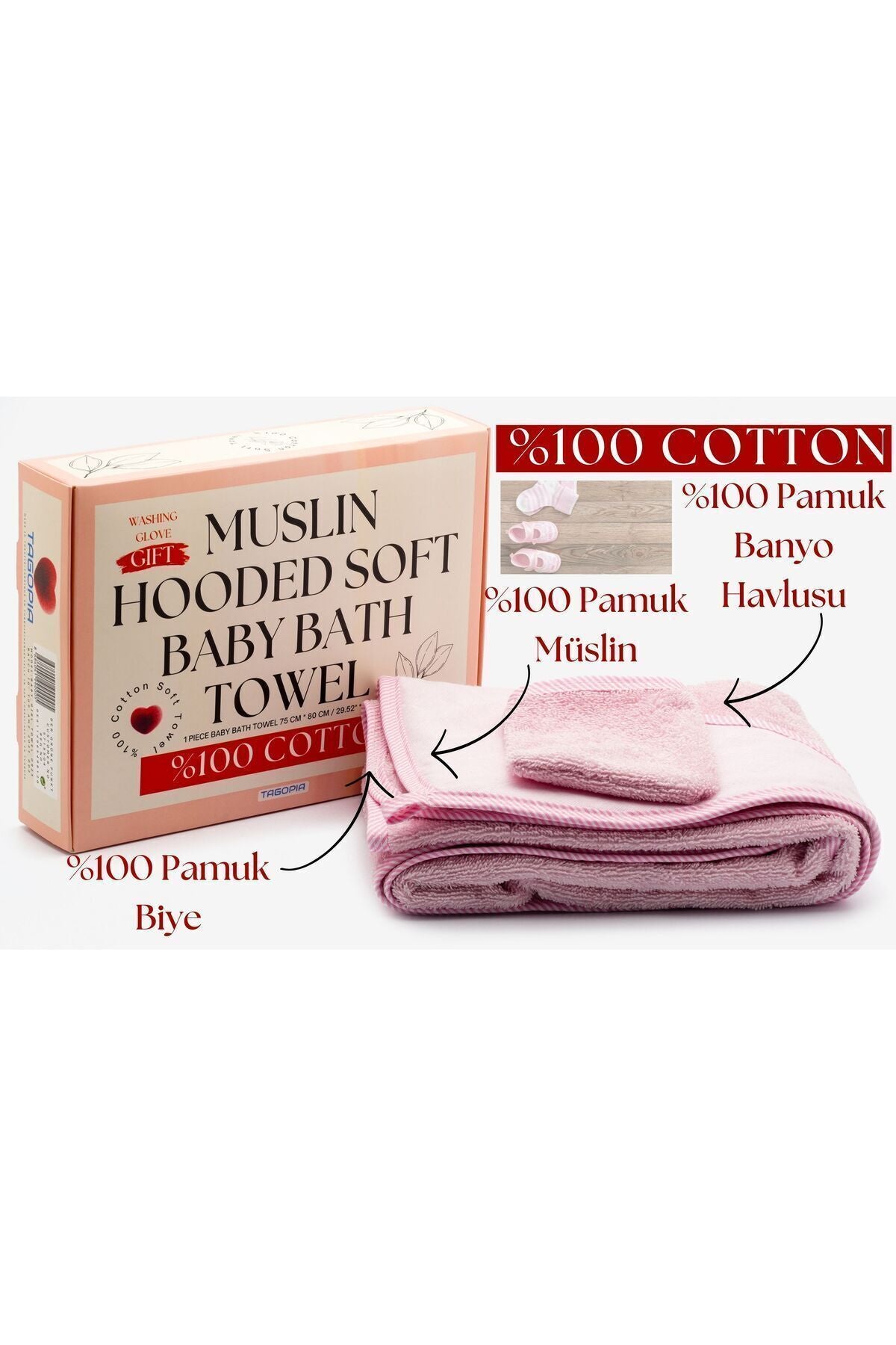Müslin Başlıklı Bebek Havlusu Kız %100 Pamuk Pembe 75x80cm Banyo Eldiveni Hediyeli