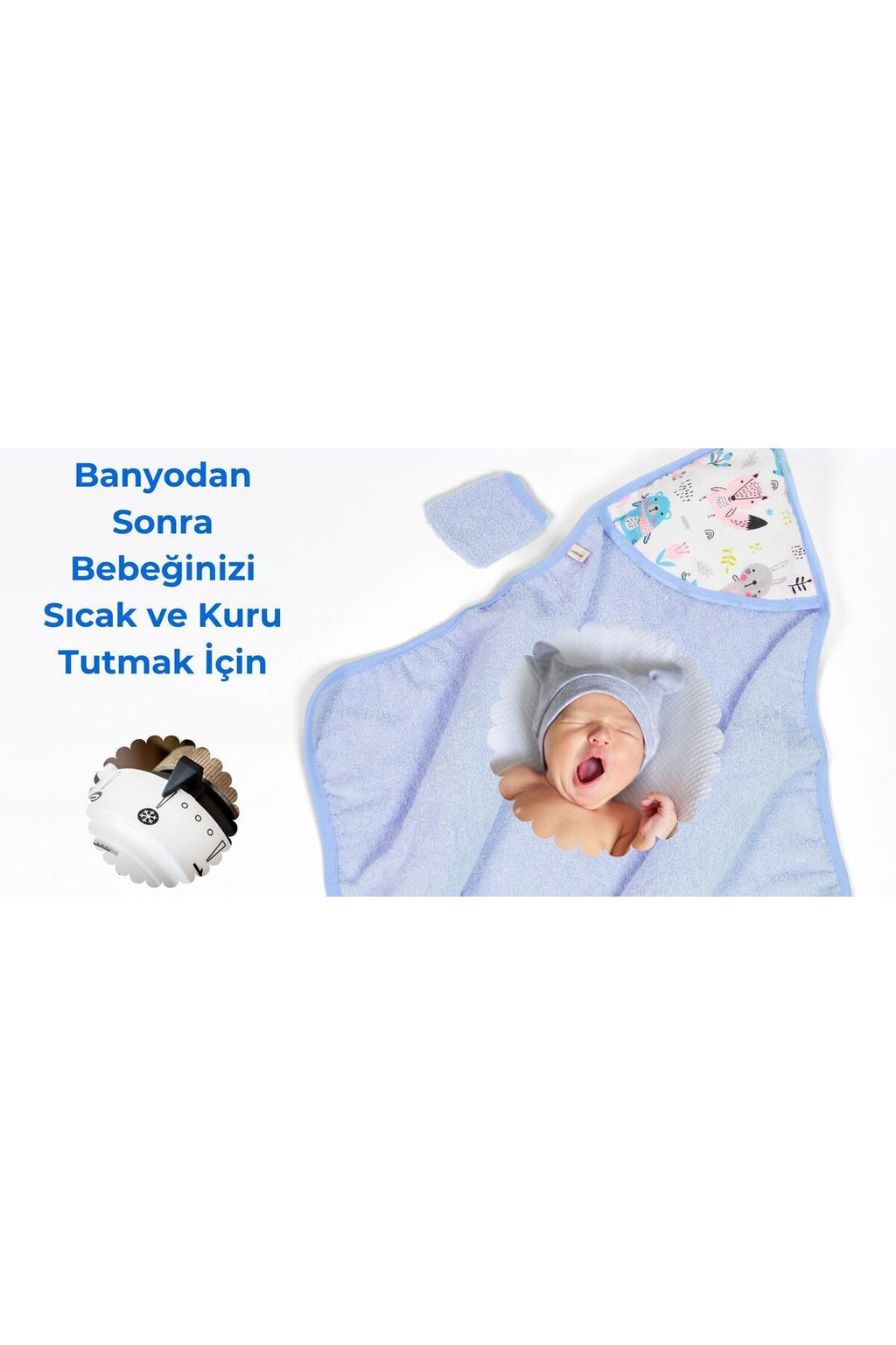 Müslin Başlıklı Bebek Havlusu 2 Adet Erkek %65 Pamuk Mavi 75x80cm 2 Banyo Eldiveni Hediyeli