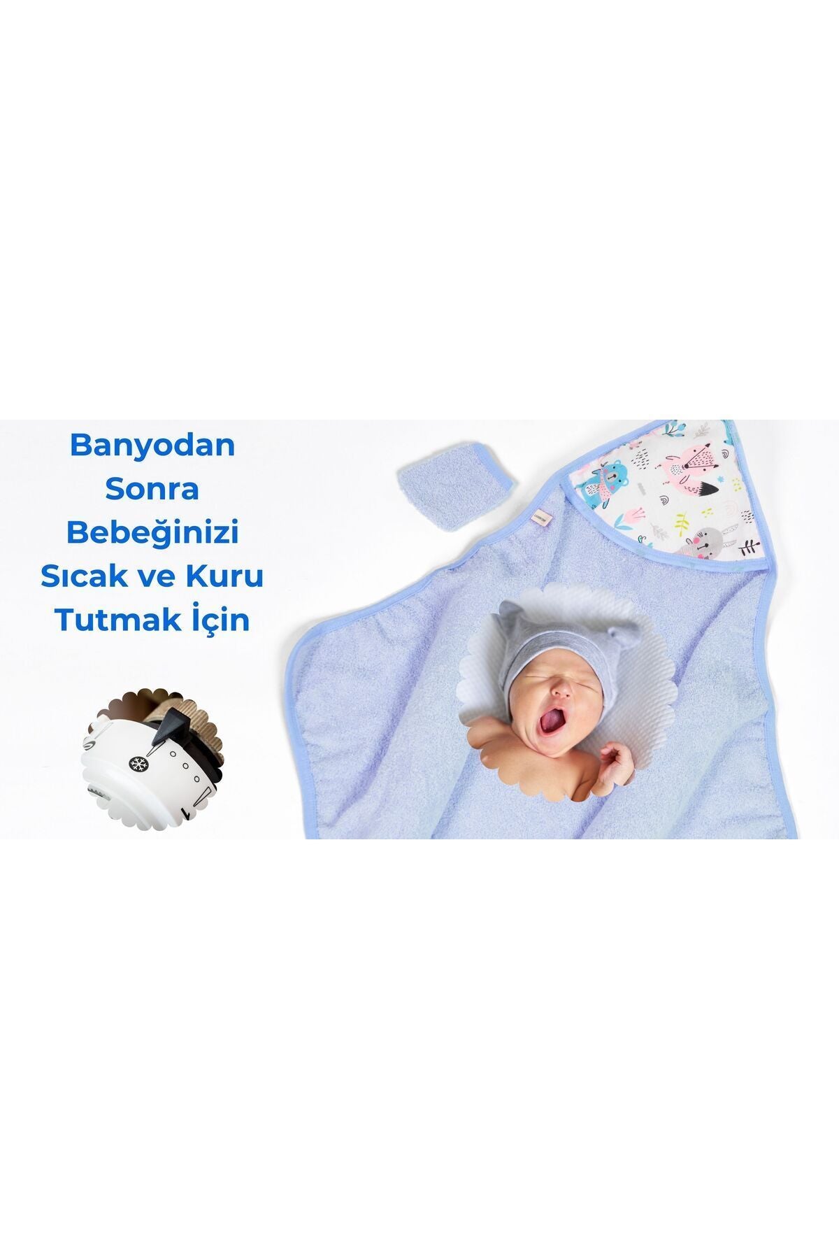 Müslin Başlıklı Bebek Havlusu 2 Adet Erkek %65 Pamuk Mavi 75x80cm 2 Banyo Eldiveni Hediyeli