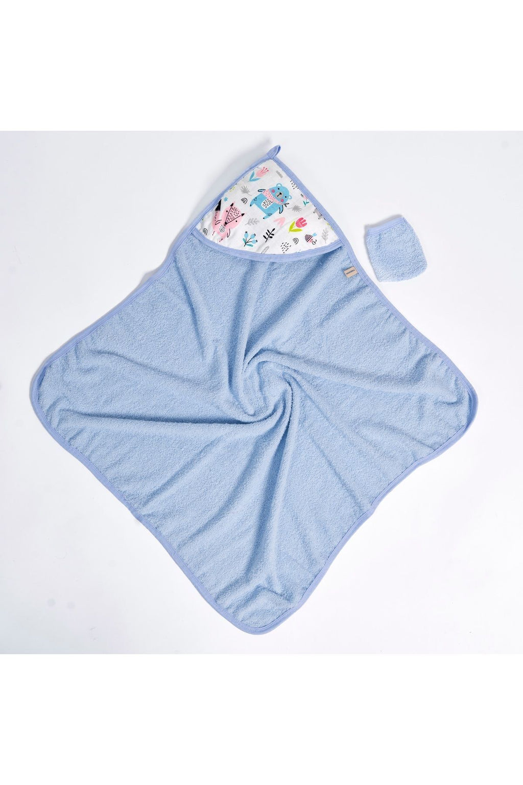 Müslin Başlıklı Bebek Havlusu 2 Adet Erkek %65 Pamuk Mavi 75x80cm 2 Banyo Eldiveni Hediyeli