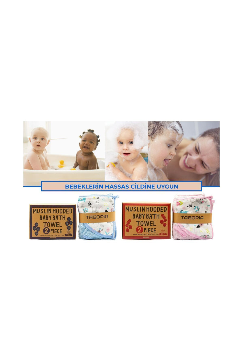 Müslin Başlıklı Bebek Havlusu 2 Adet Erkek %65 Pamuk Mavi 75x80cm 2 Banyo Eldiveni Hediyeli