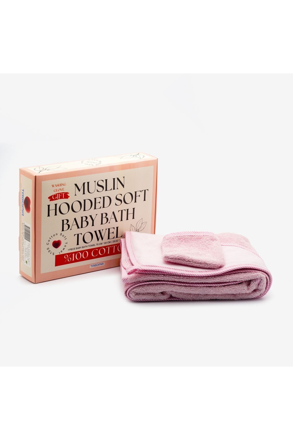 Müslin Başlıklı Bebek Havlusu Kız %100 Pamuk Pembe 75x80cm Banyo Eldiveni Hediyeli