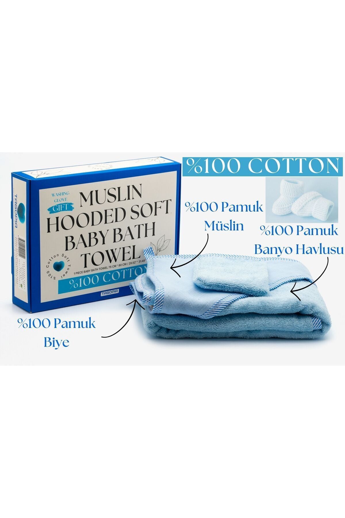 Müslin Başlıklı Bebek Havlusu Erkek %100 Pamuk Mavi 75x80cm Banyo Eldiveni Hediyeli