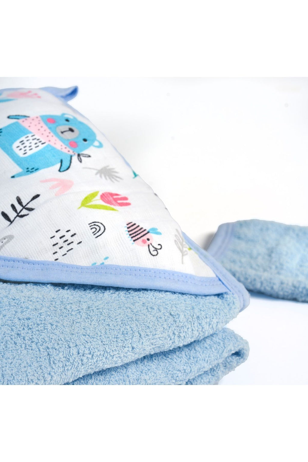 Müslin Başlıklı Bebek Havlusu 2 Adet Erkek %65 Pamuk Mavi 75x80cm 2 Banyo Eldiveni Hediyeli