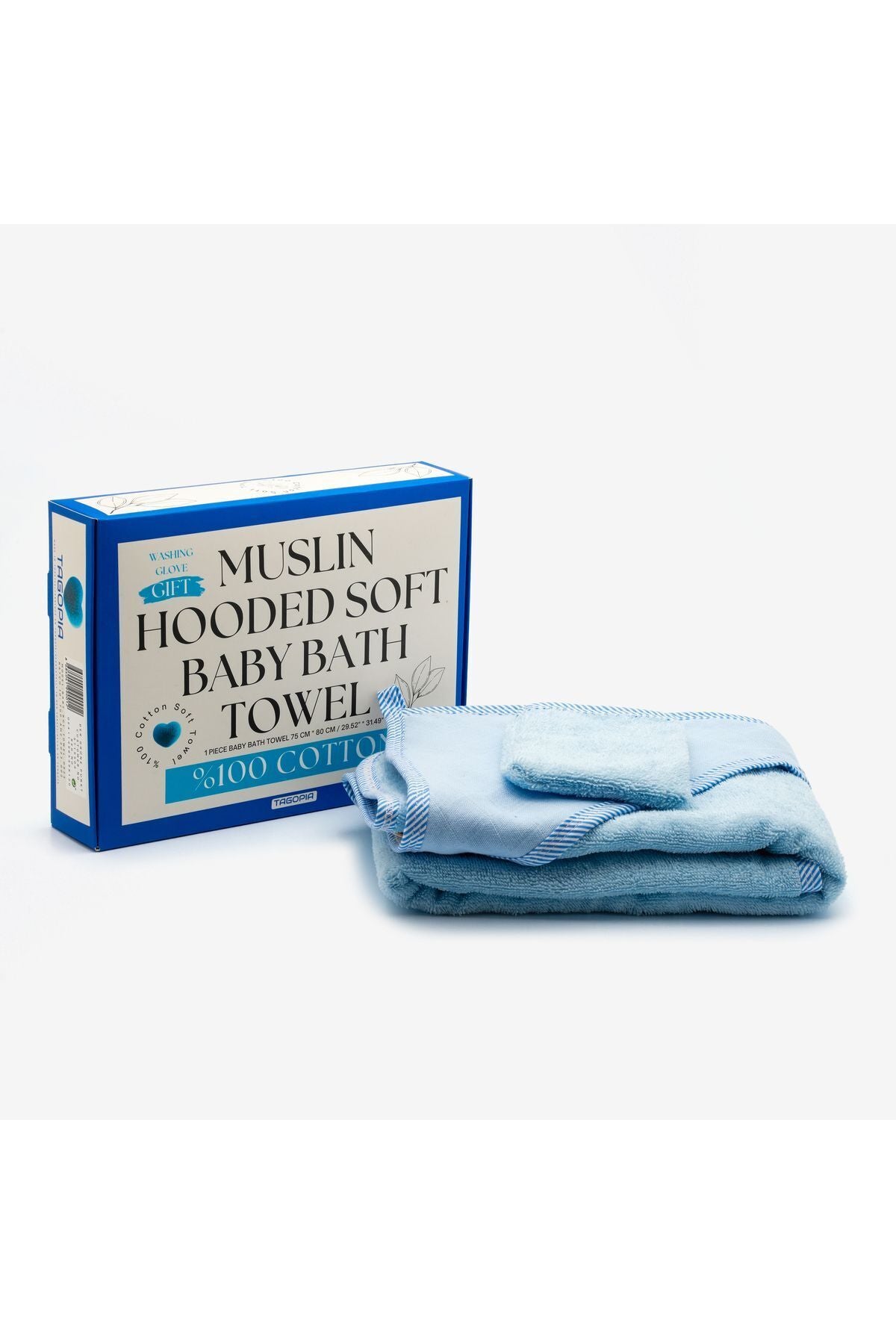 Müslin Başlıklı Bebek Havlusu Erkek %100 Pamuk Mavi 75x80cm Banyo Eldiveni Hediyeli