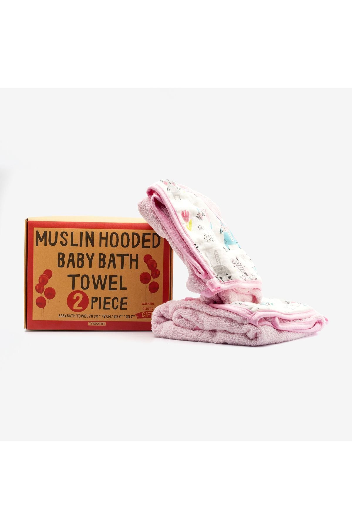 Müslin Başlıklı Bebek Havlusu 2 Adet Kız %65 Pamuk Pembe 75x80cm 2 Banyo Eldiveni Hediyeli