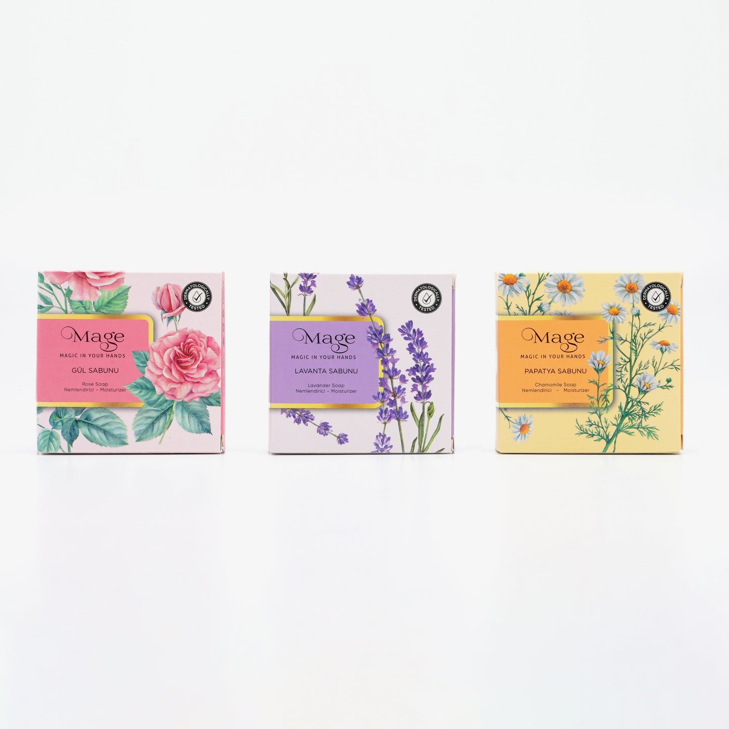 3' lü DOĞAL GÜZELLİK SABUN SETİ "Gül - Lavanta - Papatya"