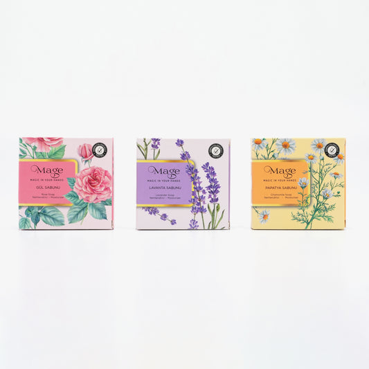 3' lü DOĞAL GÜZELLİK SABUN SETİ "Gül - Lavanta - Papatya"